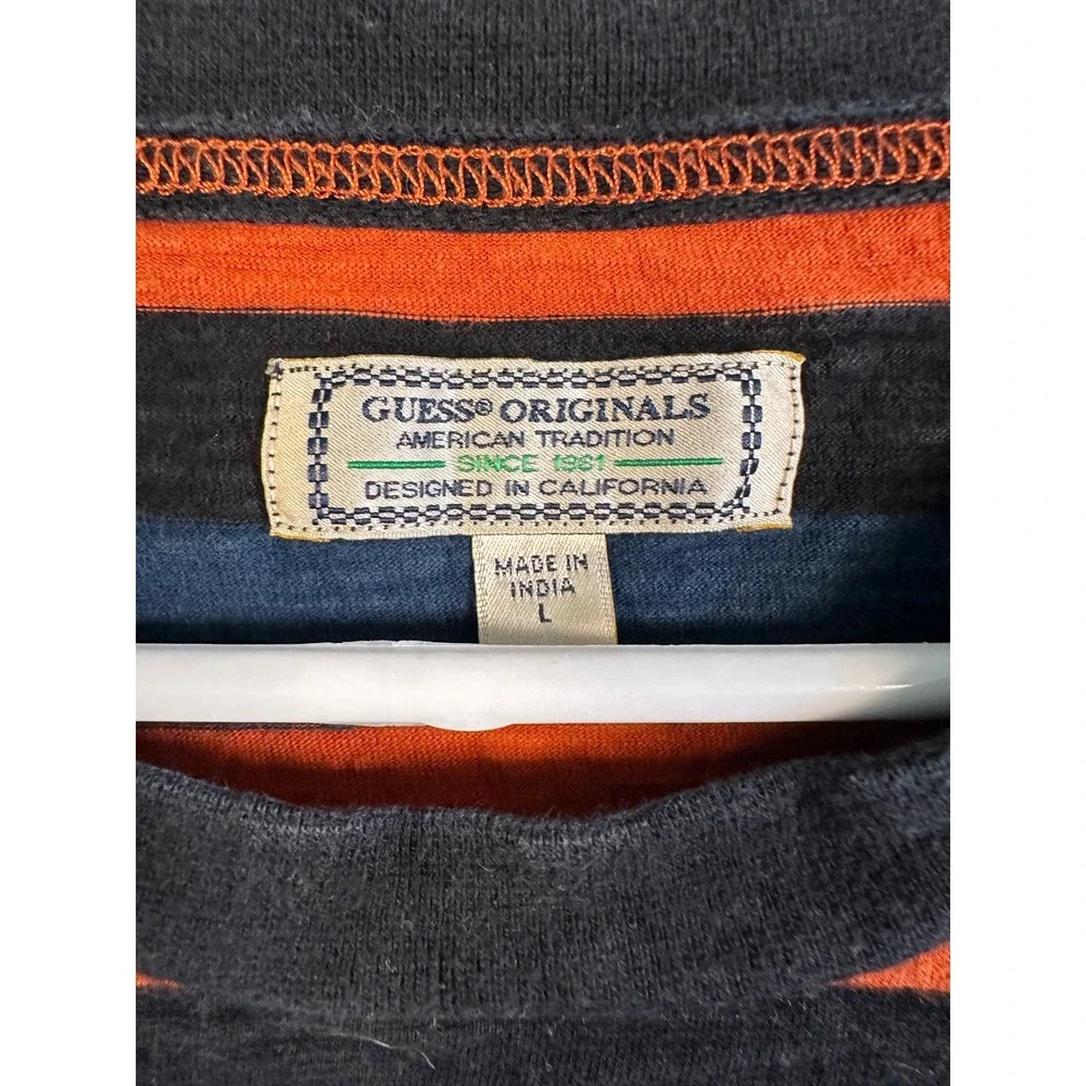 Guess Originals Mens Striped T-Shirt Orange Navy Black Embroidered Logo Large - Picture 2 of 9